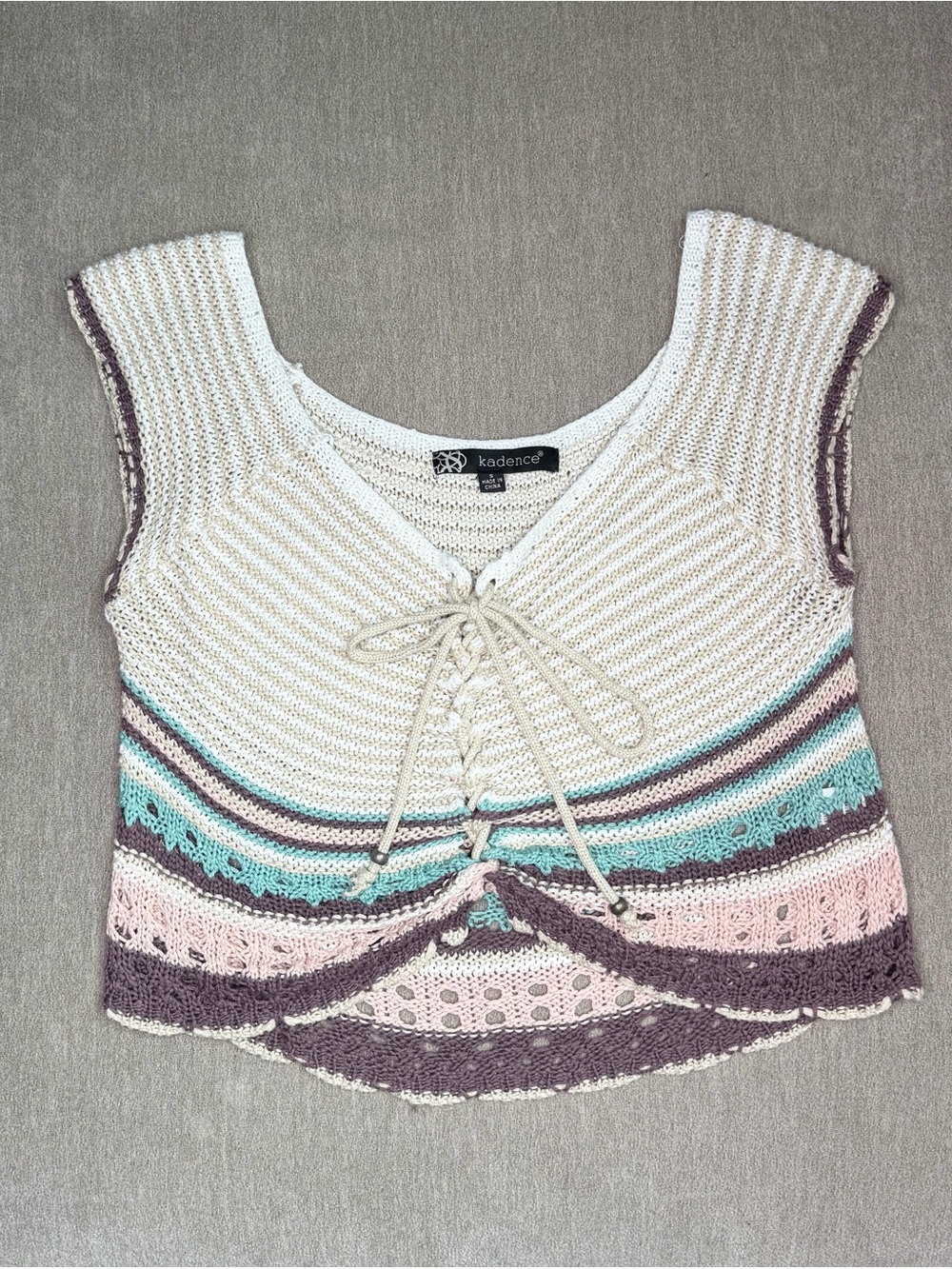 Cream Crochet Tie-Front Striped Crop Top